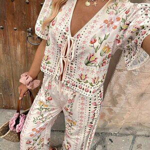 Boho Women's Casual Vacation Printed Short Sleeve Crop Top & Pants set